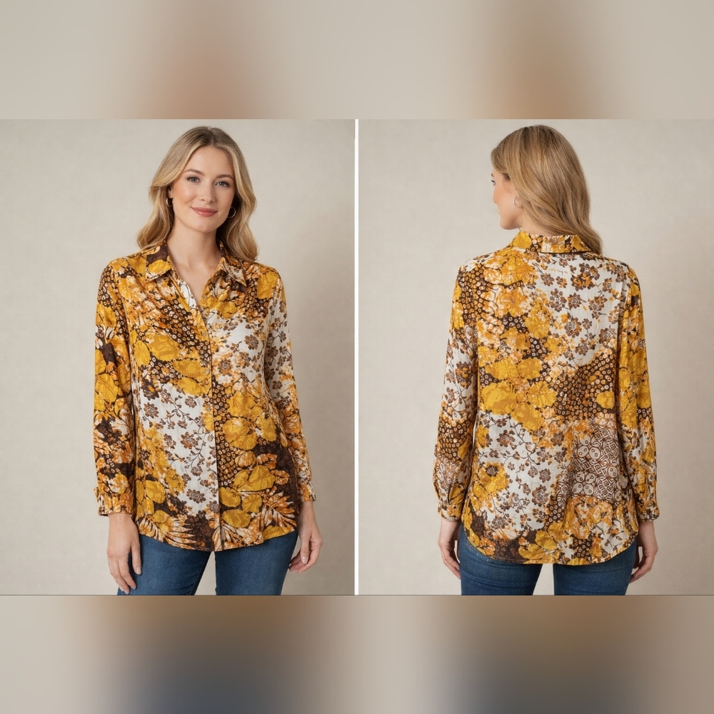 Susan‎ Graver Floral Abstract Blouse XS Mustard Brown Button Front Long Sleeve